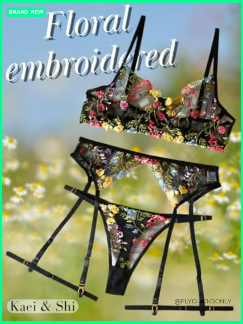Vibrant Floral Embroidery Underwire Thong Garter Lingerie Set
